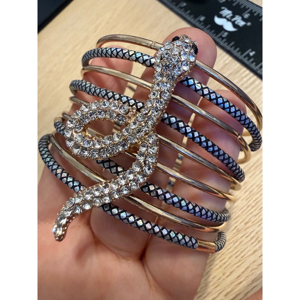 Gold Tone Rhinestone Snake Wrap Multi Strand Coil Cuff Bracelet Serpent Jewelry